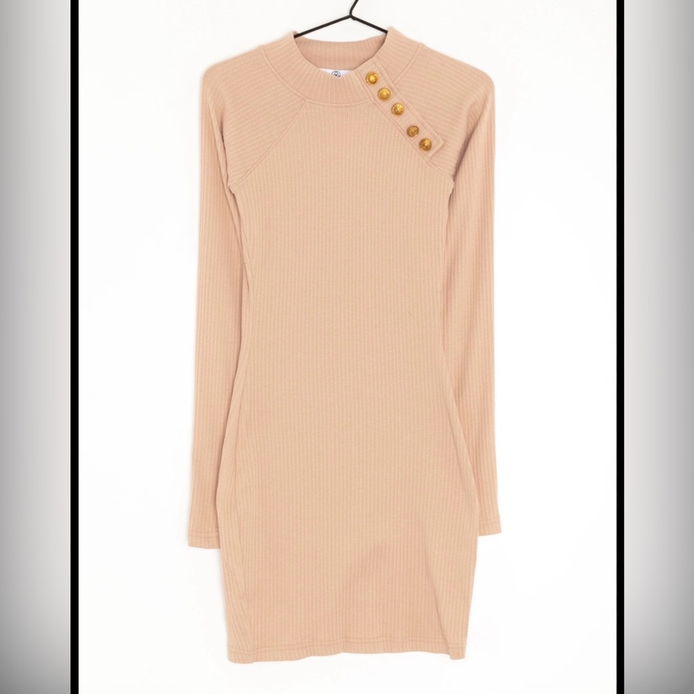 NWOT Misguided Elegant Tan Ribbed Sweater Dress